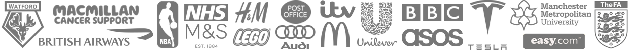 Image displaying a collection of our client's logos. Clientele includes well-known brands and organisations such as Watford FC, Macmillan Cancer Support, British Airways, NBA, NHS, M&S, H&M, Lego, Post Office, Audi, ITV, McDonalds, Unilever, BBC, ASOS, and Tesla.