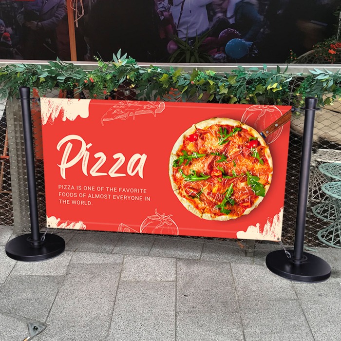 Cafe barrier with pizza restaurant graphic