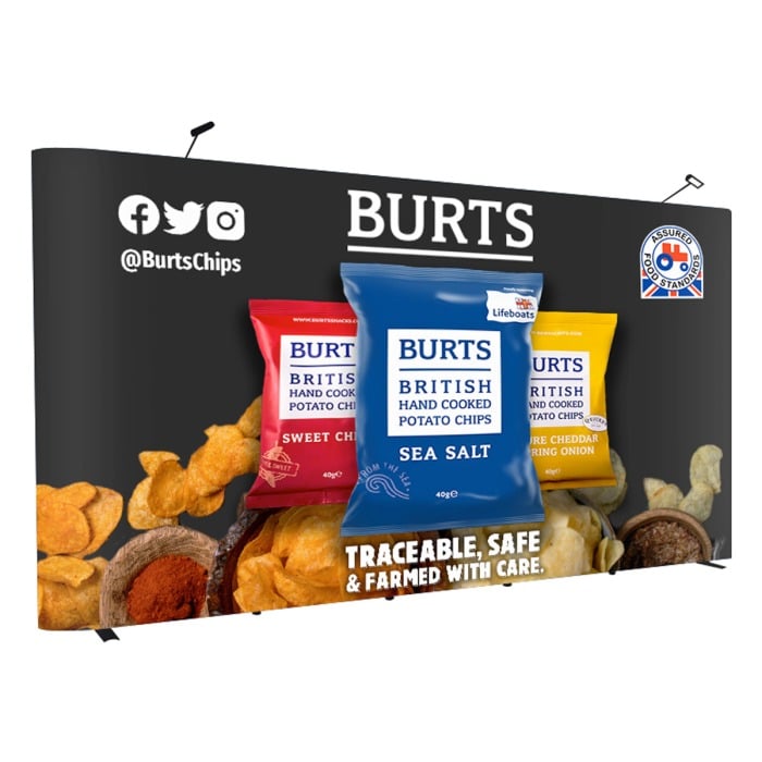 A 3x5 Straight Pop-Up stand with Printed Graphics of 'Burts' crisp manufacturers