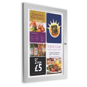 Dual purpose lockable notice board with magnetic and dry-wipe surface