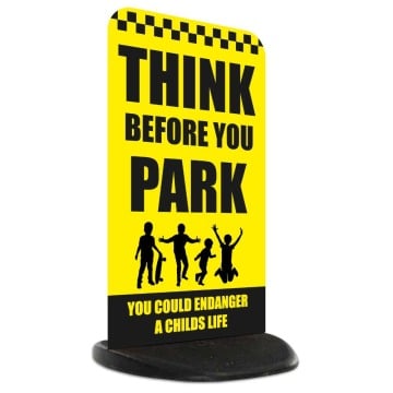 Think before you park pavement sign