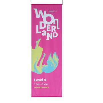 Vertical hanging banner printed with clear vibrant latex inks