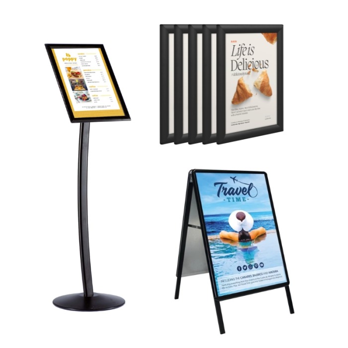 Bundle with Black Snap Frame Pavement Sign, Black Snap Frames, and Black Floor Standing Menu Holder