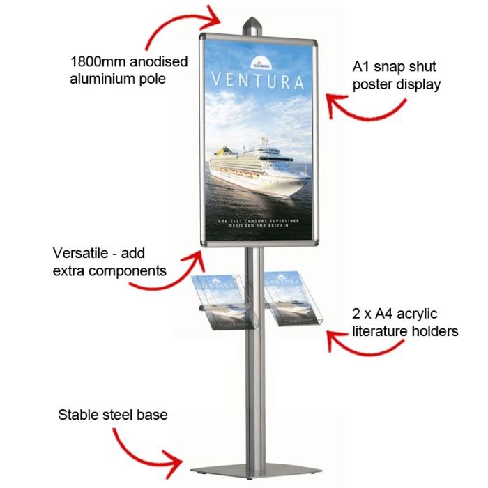 Poster display stand with literature holders