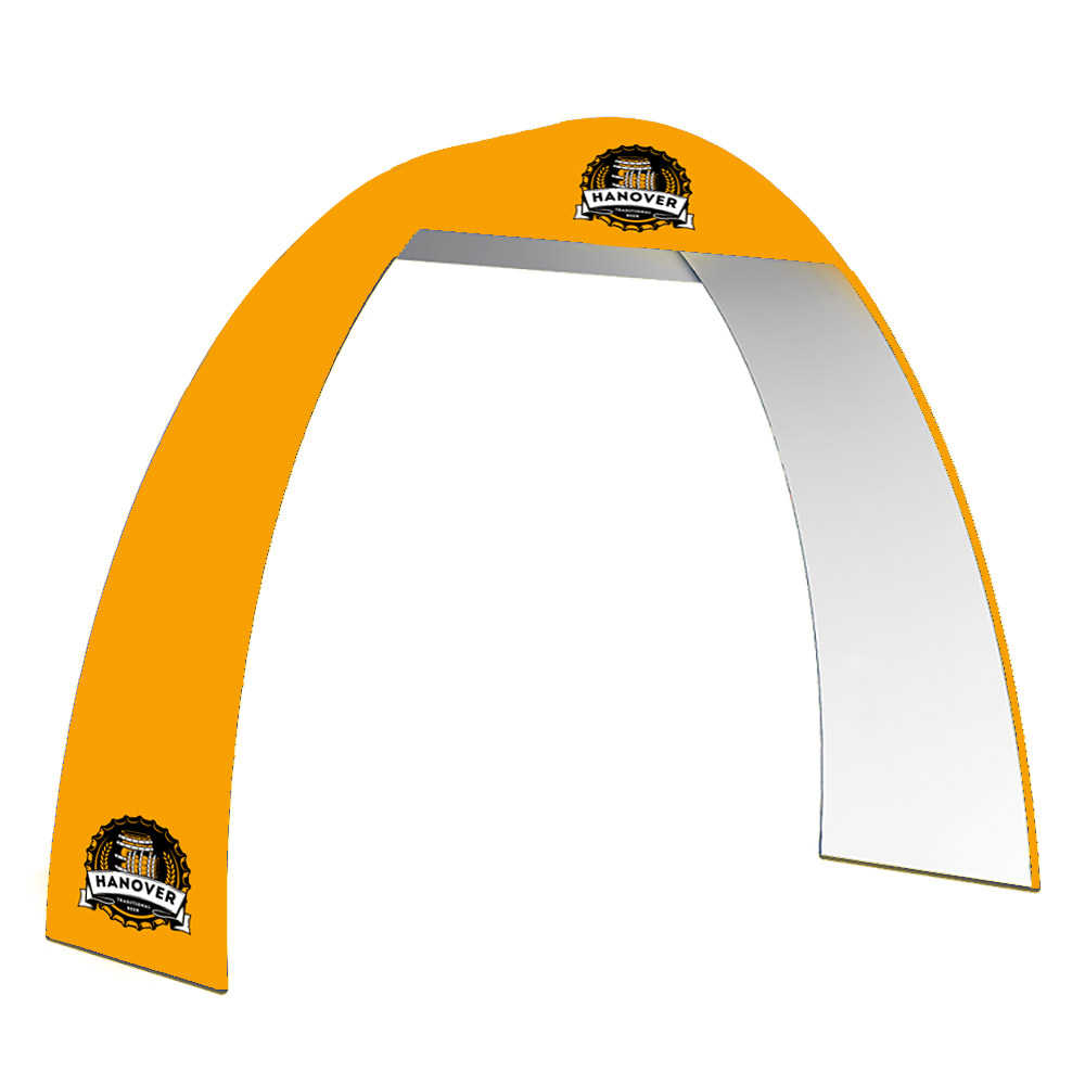 Orange round fabric arch with a Hanover logo