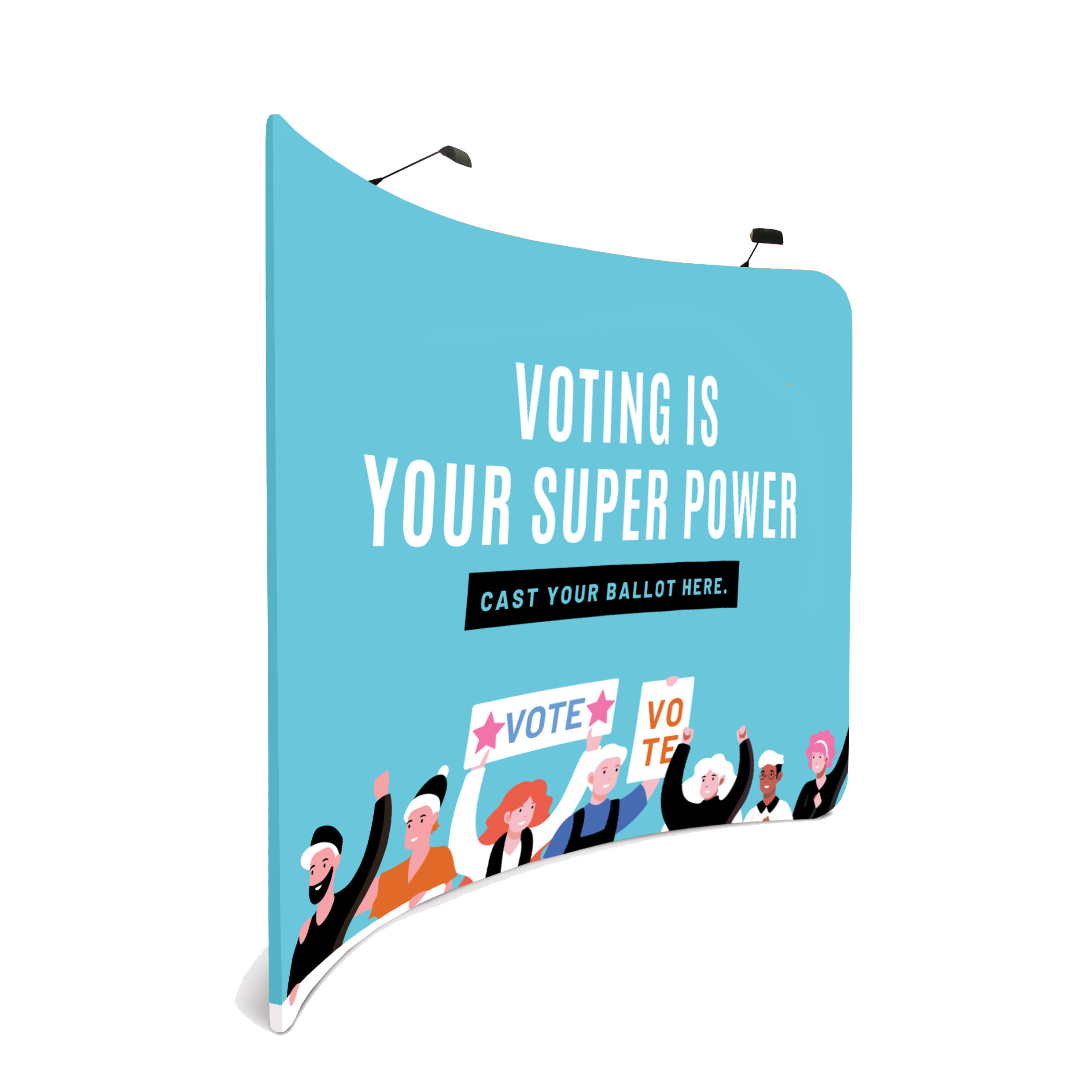 Curved wide fabric stand with branding promoting people to vote