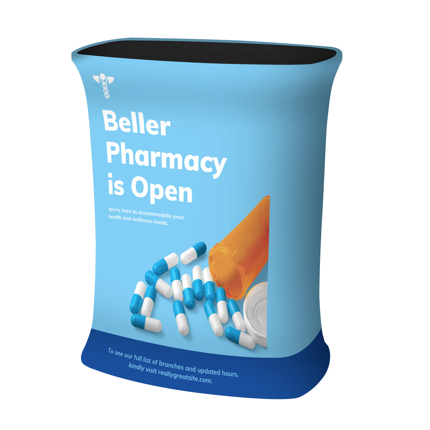 Blue rectangular counter with fabric graphic wrap and pharmaceutical branding