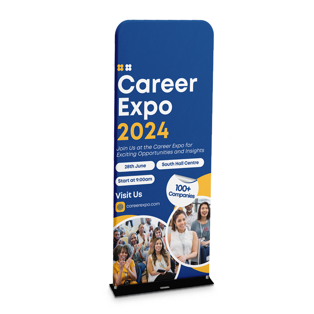 600mm wide red fabric banner stand with branding for a career expo