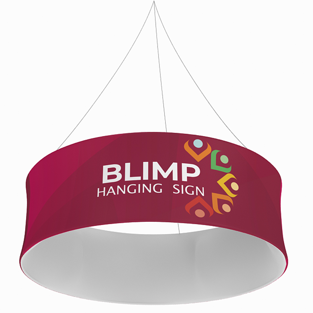 Circular hanging fabric display in wine red with 'Blimp' branding