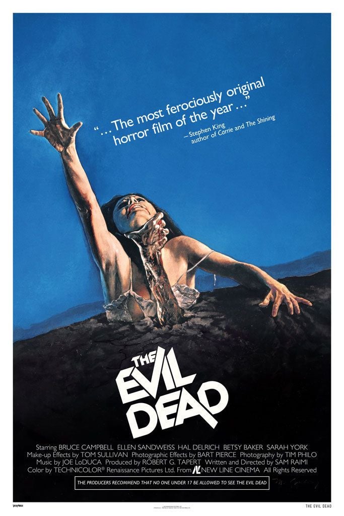 The Evil Dead Poster. Features a woman being pulled into the ground by an arm