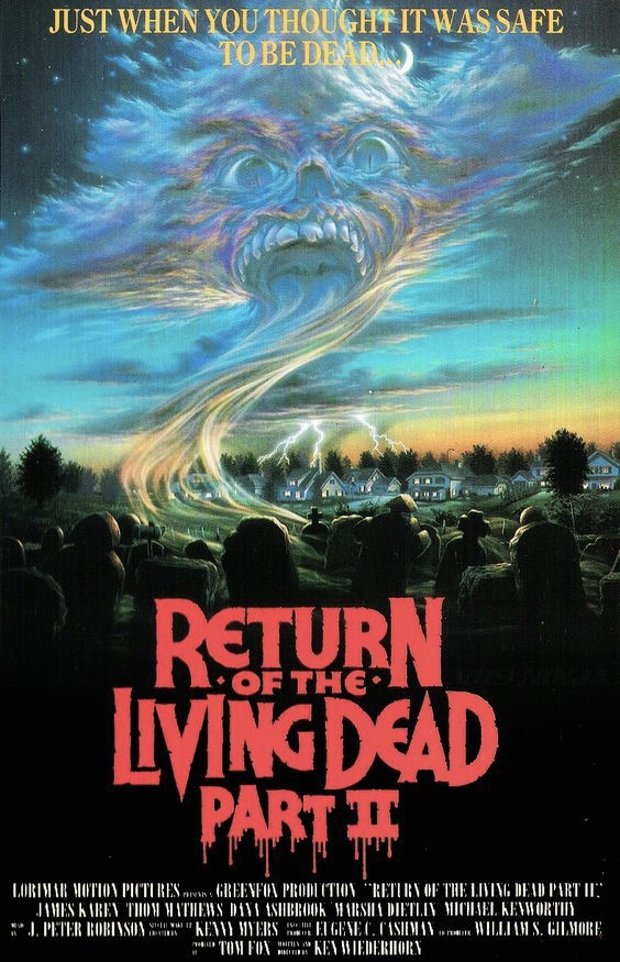 Return of The Living Dead movie poster. Features a scene overlooking a graveyard with a swirling cloud with a zombie face in it, and sunset hues