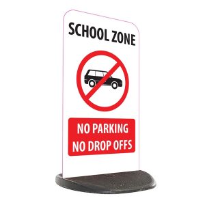 Pavement sign with 'school zone, no parking, no drop offs'