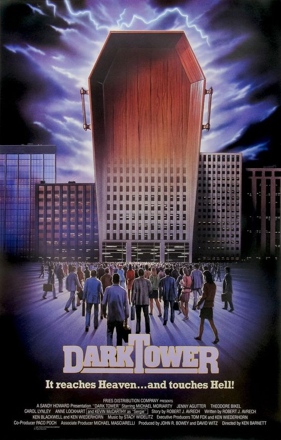 The Dark tower movie poster. Features a row of office blocks with business workers outside, and a coffin placed over one of the buildings to mimic its form