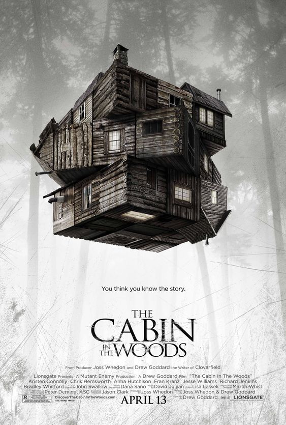 Movie poster for The Cabin in The Woods. Features a cabin that has been sliced into segments, mimicking the look of a Rubix or puzzle cube.