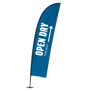 5m feather flag with open day text and blue background