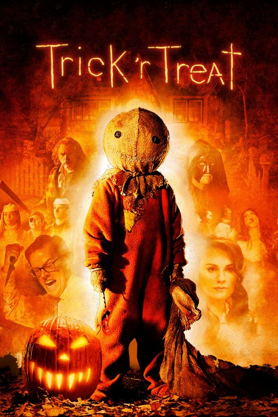 Trick r' Treat movie poster. Features a small person with a bag over their head, surrounded by various other people.