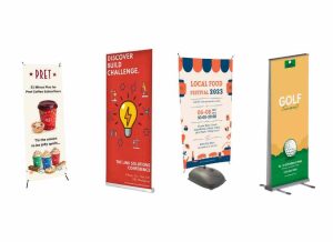 4 different types of banner stands next to eachother