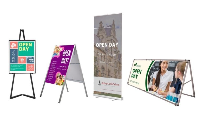 a display easel, pavement sign, banner stand, and banner frame advertising open days