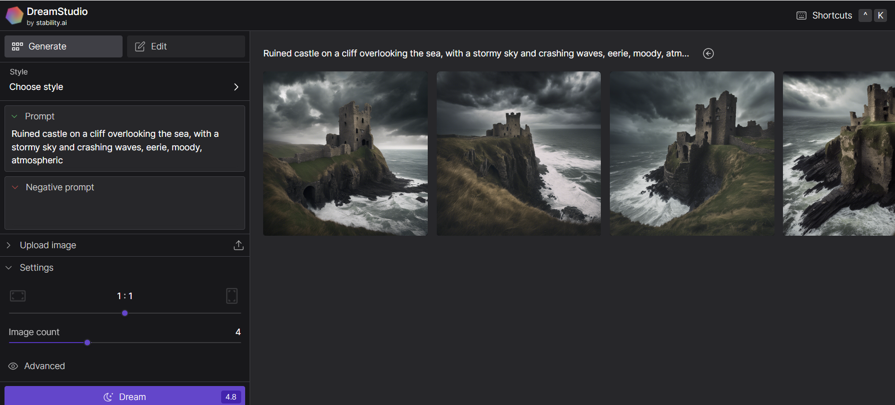dream studio ai creating images of a castle using prompts