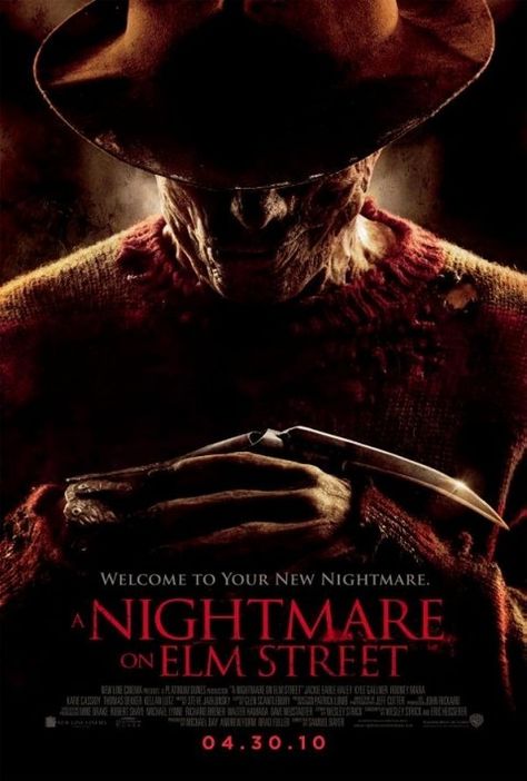 A Nightmare on Elm Street 2010 poster. Features an eerie portrait shot of Freddy Kruger in the shadows