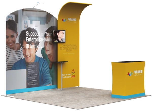 3x3 Tension Fabric Exhibition Display in yellow with bright blue accents