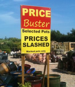 Garden centre offer. Prices on selected outdoor pots have been reduced