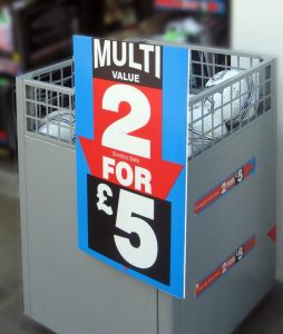 Retail offer bins promoting a multi-buy promotion (2 for £5)