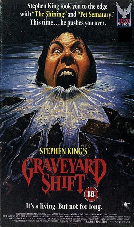 Graveyard shift movie. Features a head coming out of the ground screaming.