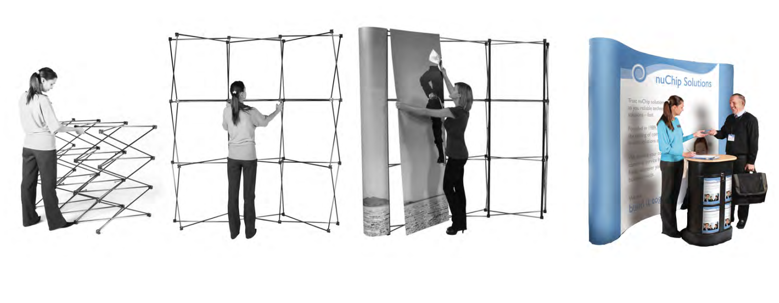 4 step demonstration for assembling a pop up stand