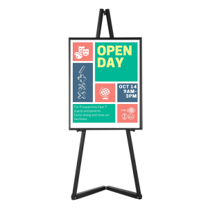 Black easel with open day poster