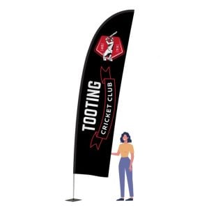 Curved feather flag with 'Tooting cricket club' and logo