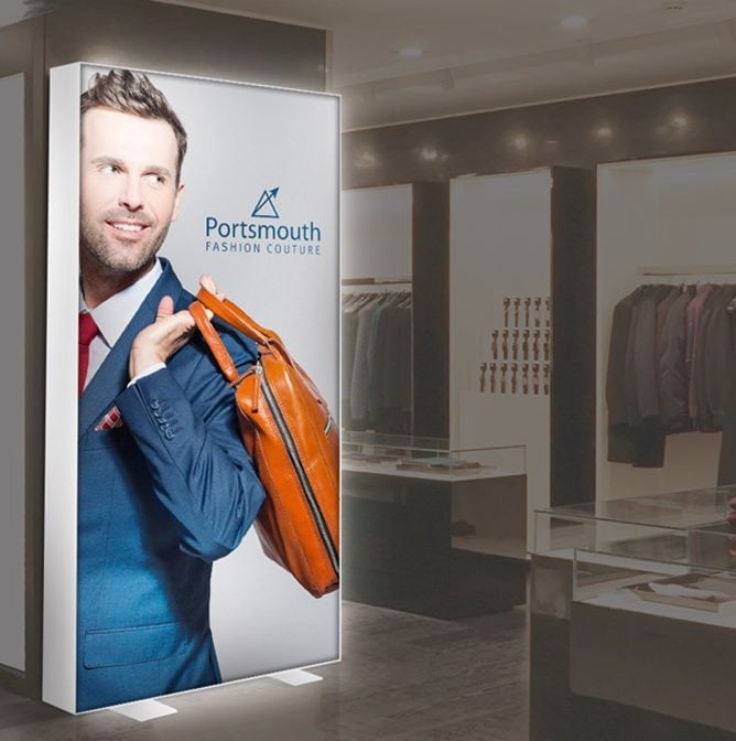 Premium Freestanding Fabric LED Lightbox with branding for a mens fashion brand