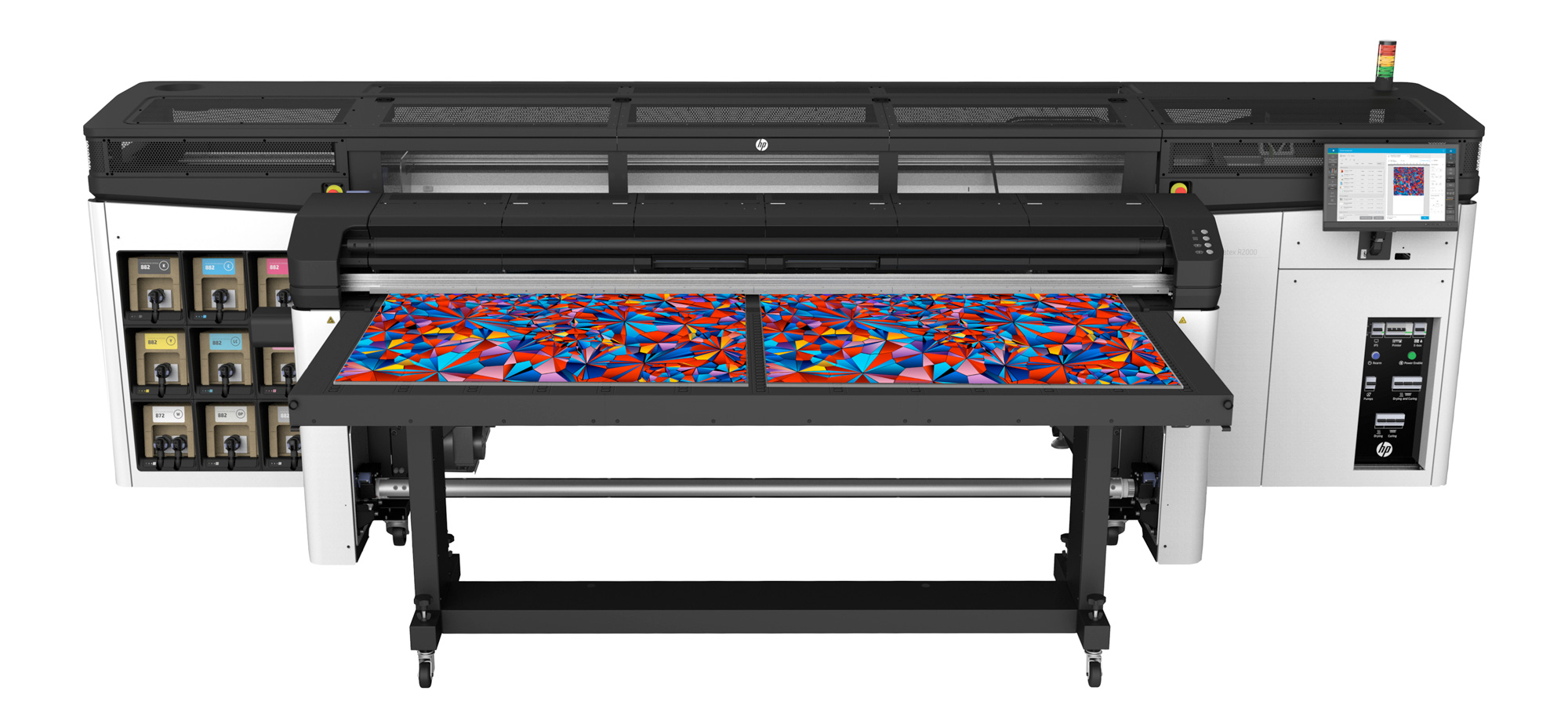 An HP Latex R2000 Plus Printer, a large-format printer used for eco-friendly printing. The printer is shown printing colorful geometric patterns, demonstrating its capability to produce vibrant, high-quality prints on various materials. This industrial-sized printer has multiple ink cartridges visible on the left side and a control panel on the right, illustrating its advanced features for professional-grade printing jobs.