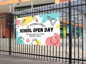 Advertising banner on a school fence