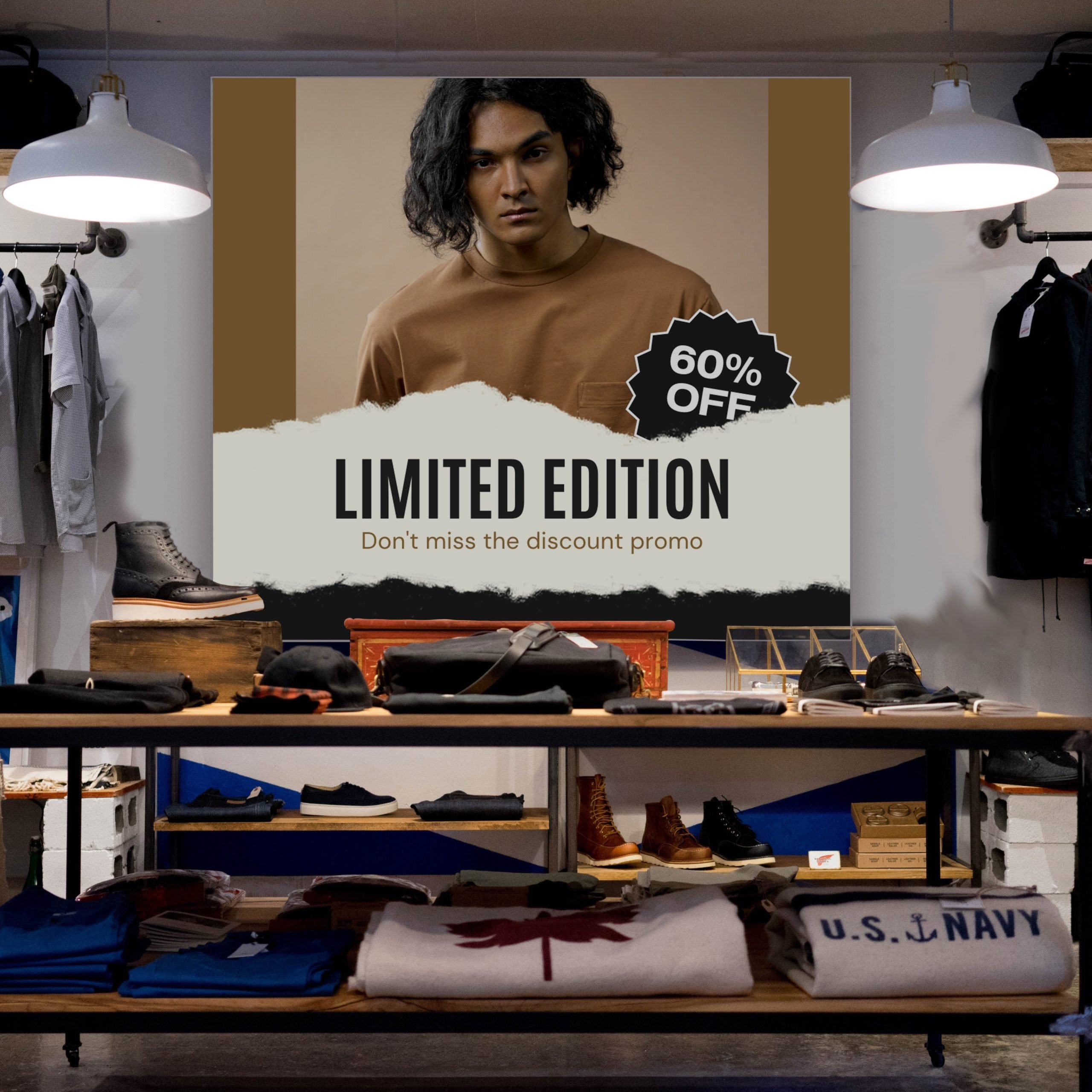 Tension SEG Fabric Wall Display Frame with Printed Graphic advertising a limited edition clothing range in a store