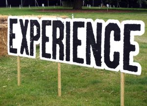 large festival sign reading 'Experience' and posted into the ground