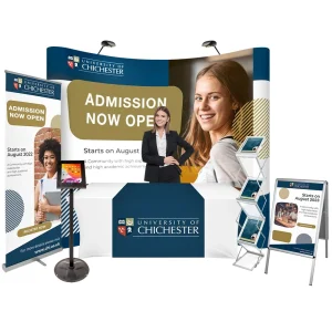 display kit bundle for university of chichester featuring banner stands, custom tablecloth literature stands