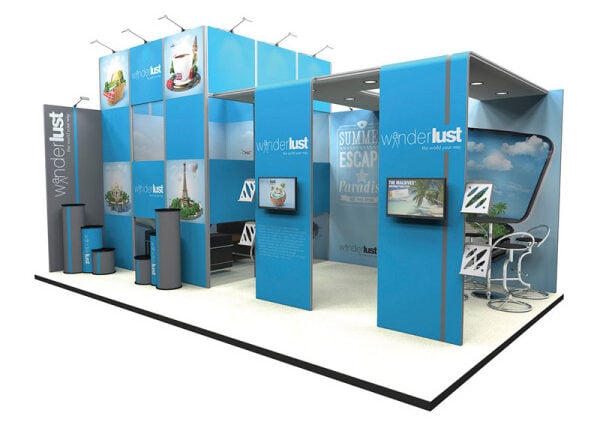 Large Vector Modular Exhibition Stand in bright blue - 8x5m